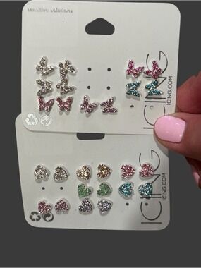 Icing Glitter Heart Butterfly Stud Earring Set Pink Purple Teal Silver